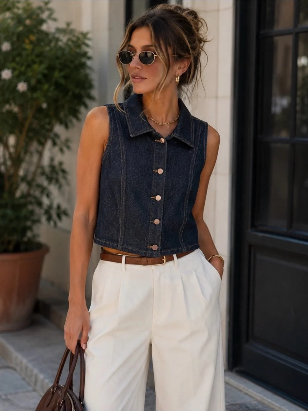 ZARA Cropped Dark Blue Denim Sleeveless Vest Size Medium